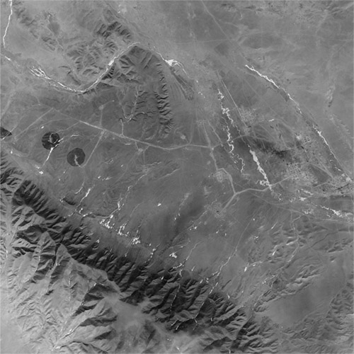 A high resolution declassified KH-7 GAMBIT spy satellite image of Haibei, China from January 27, 1965.