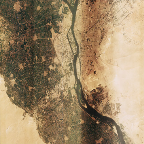 A high resolution declassified KH-7 GAMBIT spy satellite image of Cairo, Egypt from July 20, 1966.