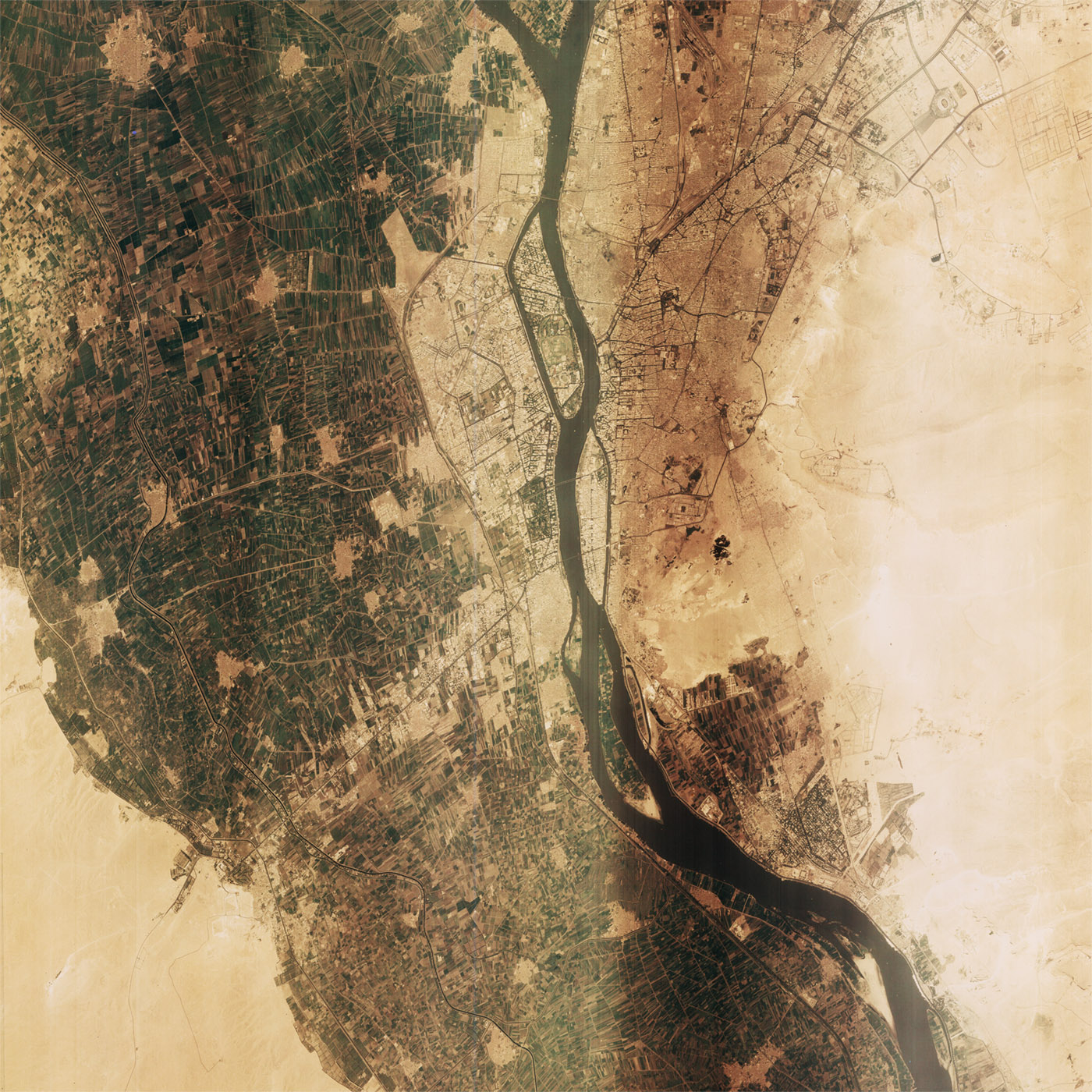 A high resolution declassified KH-7 GAMBIT spy satellite image of Cairo, Egypt from July 20, 1966.