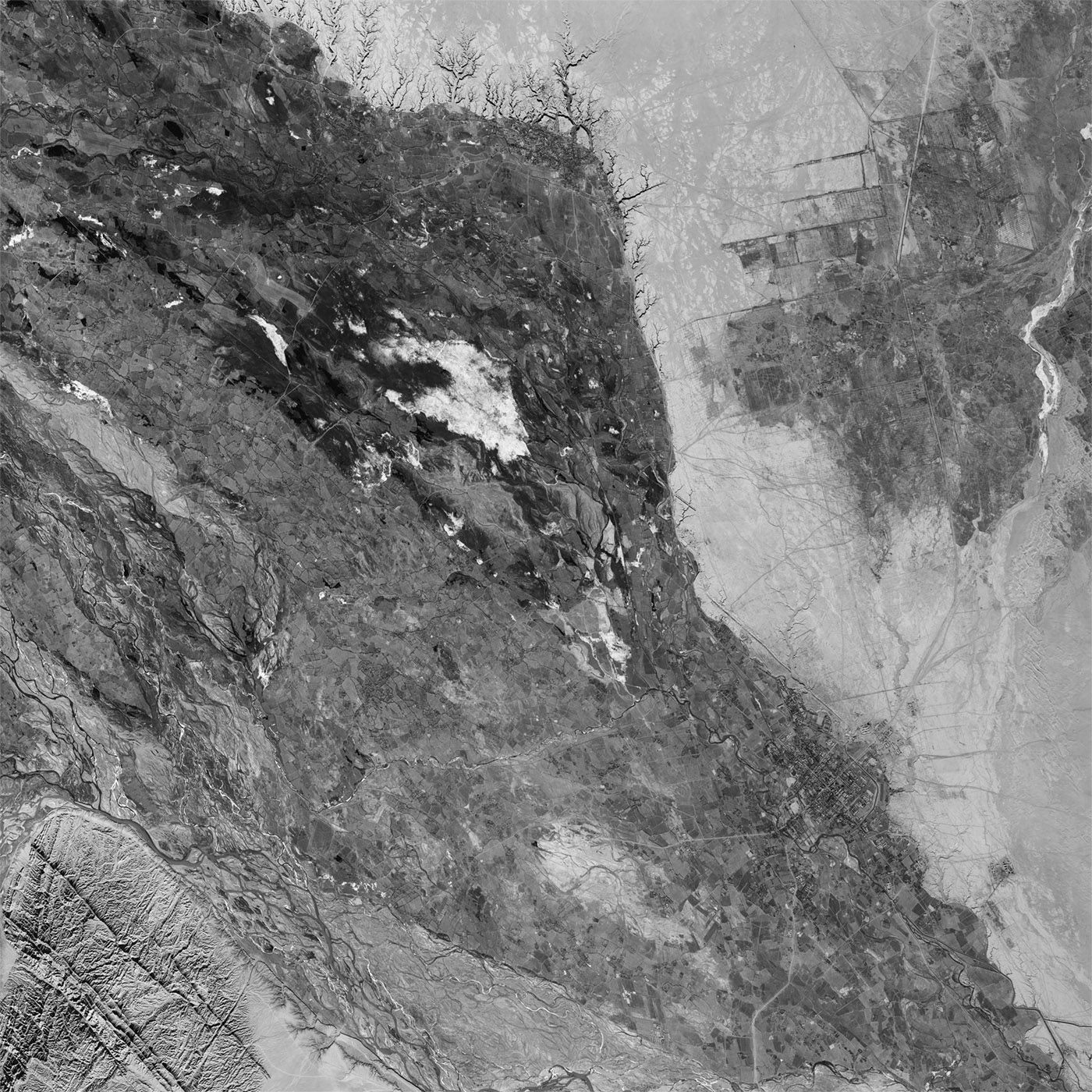 A high resolution declassified KH-7 GAMBIT spy satellite image of Aksu Prefecture, China from January 27, 1965.