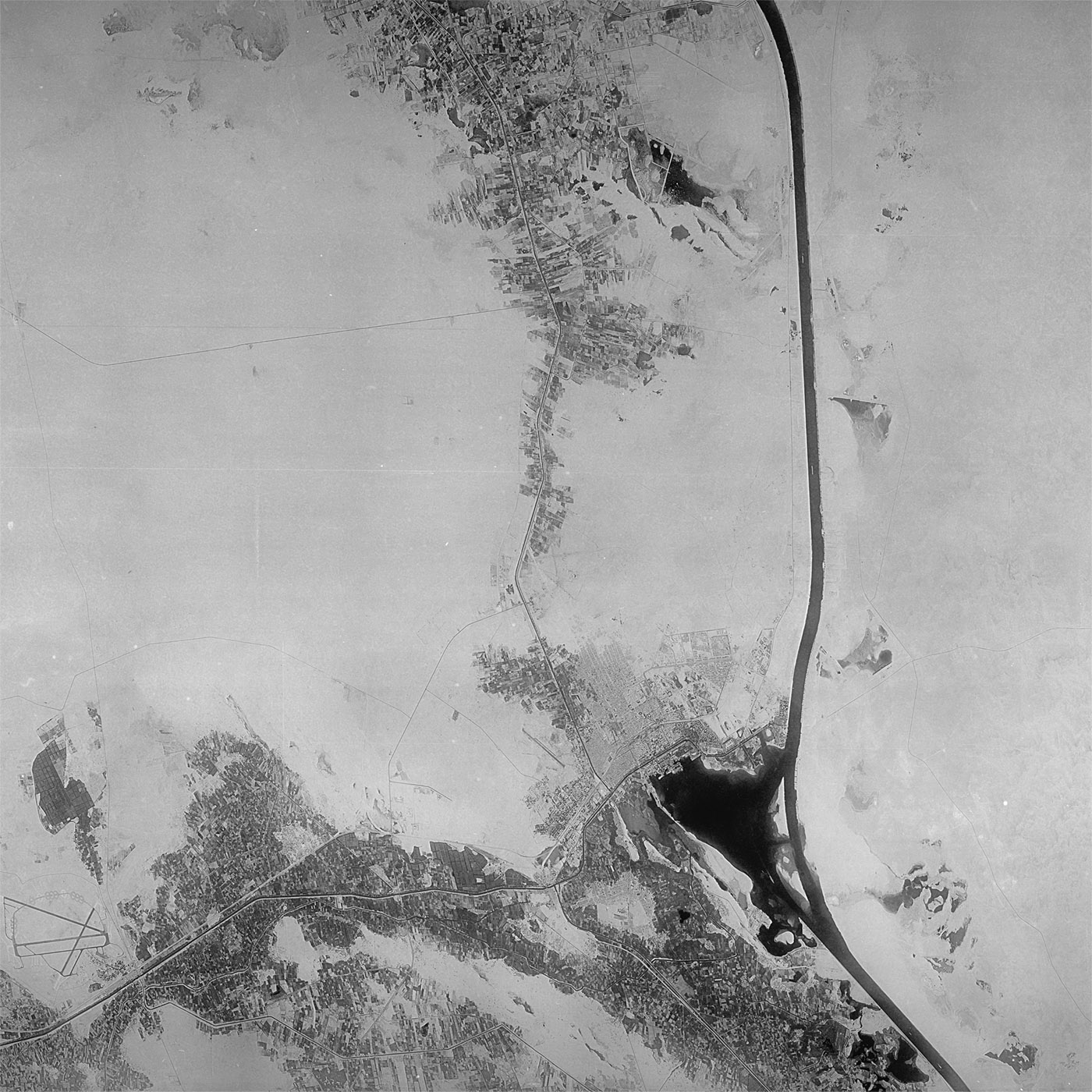 A high resolution declassified KH-9 HEXAGON spy satellite image of Ismailia, Egypt from August 13, 1980.