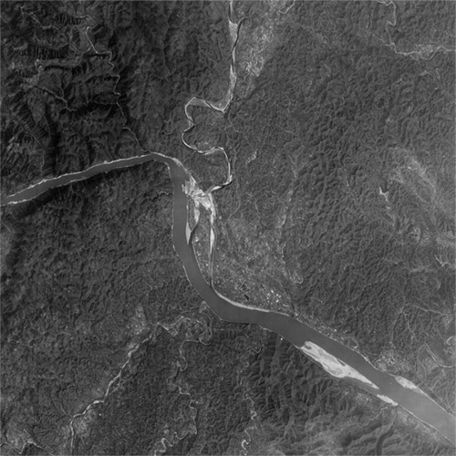 A high resolution declassified KH-7 GAMBIT spy satellite image of Yichang, China from March 14, 1965.