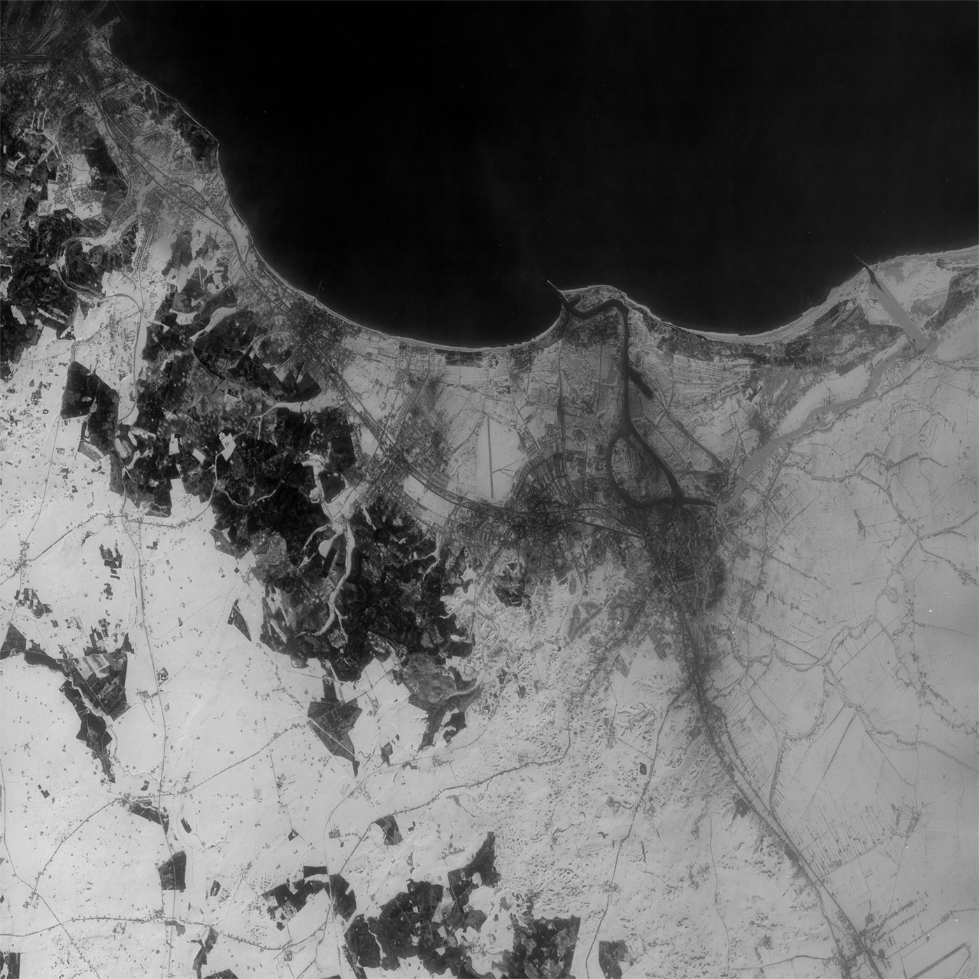 A high resolution declassified KH-7 GAMBIT spy satellite image of Gdansk, Poland from March 14, 1965.