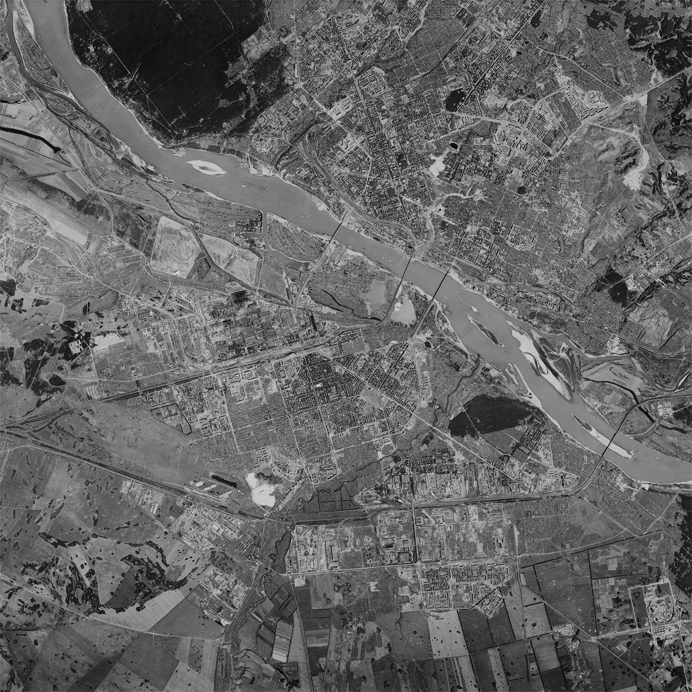 A high resolution declassified KH-9 HEXAGON spy satellite image of Novosibirsk, Russia from August 11, 1979.