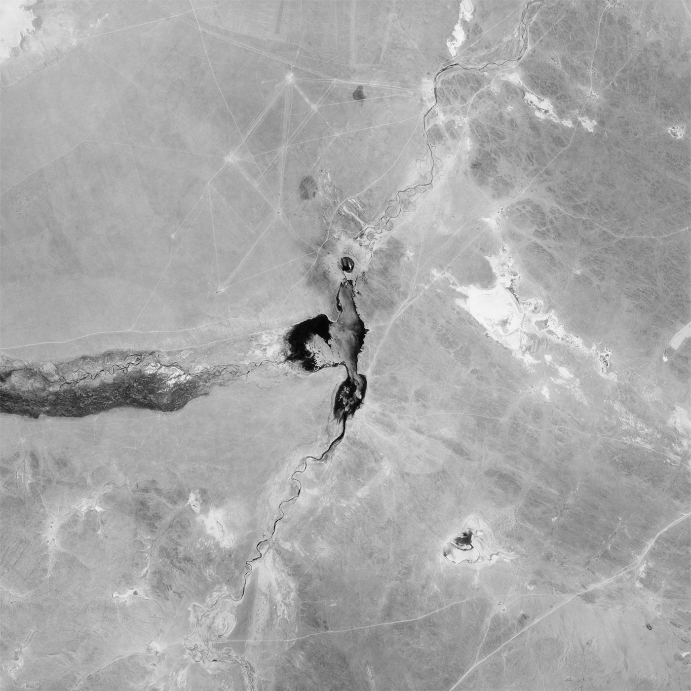 A high resolution declassified KH-4A CORONA spy satellite image of Semipalatinsk Test Site, including Chagan Lake, Kazakhstan from June 28, 1968.