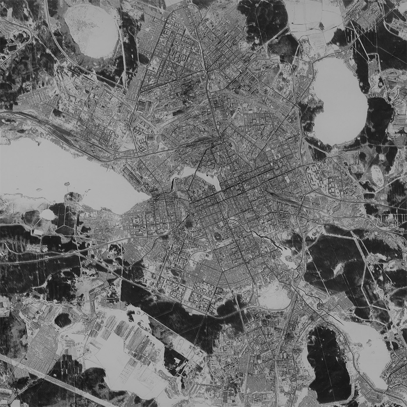 A high resolution declassified KH-9 HEXAGON spy satellite image of Yekaterinburg and Pervouralsk, Russia from February 17, 1984.