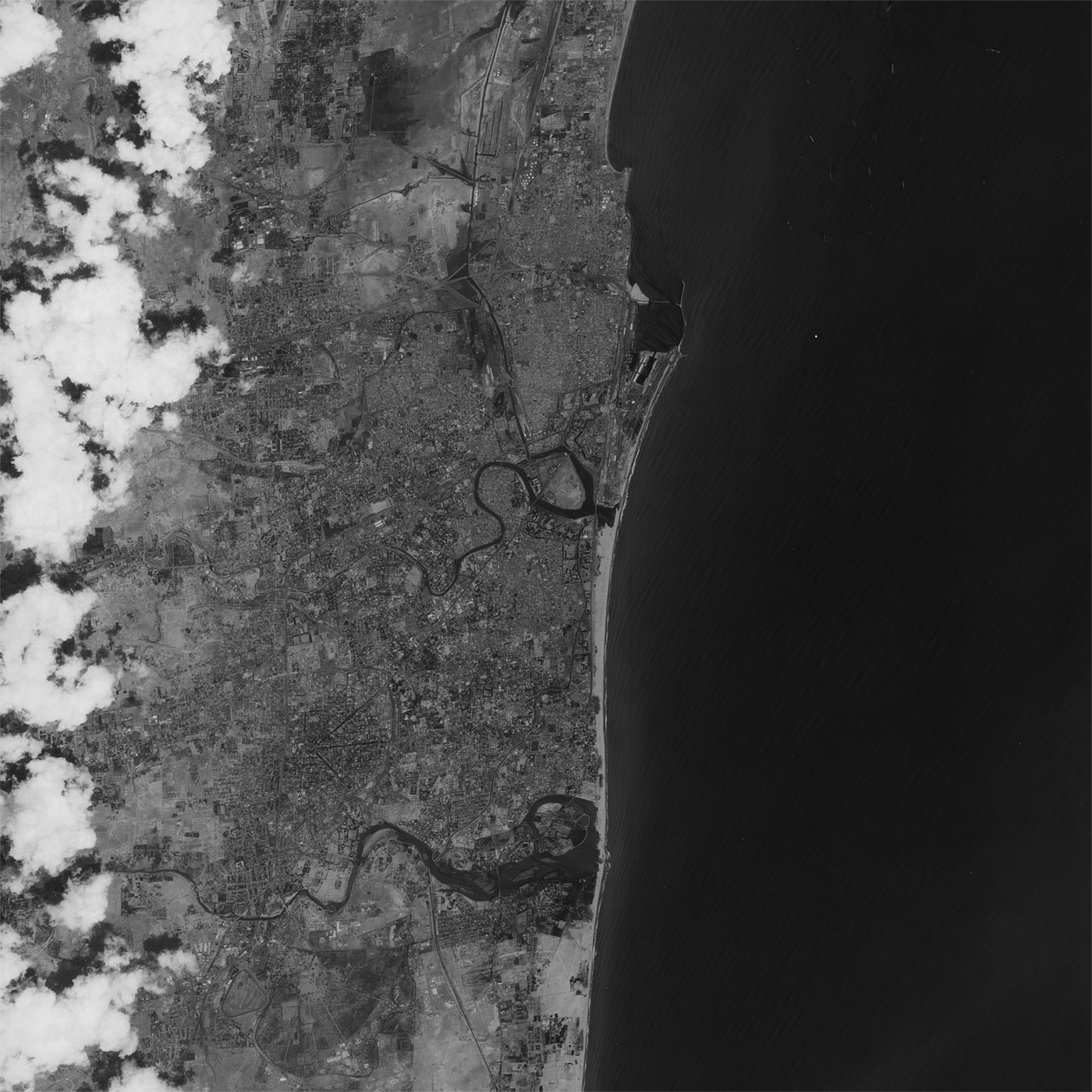 A high resolution declassified KH-7 GAMBIT spy satellite image of Chennai, India from April 29, 1965.