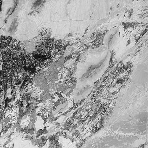 A high resolution declassified KH-7 GAMBIT spy satellite image of Kandahar, Afghanistan from April 30, 1965.
