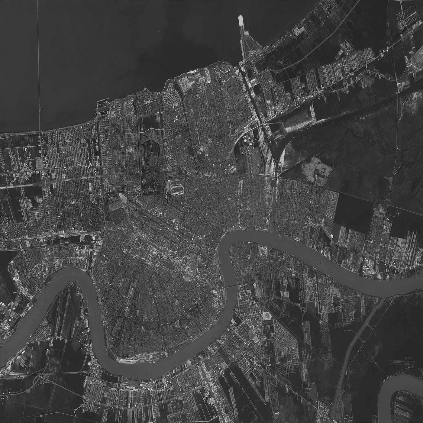 A high resolution declassified KH-7 GAMBIT spy satellite image of New Orleans, USA from April 30, 1965.