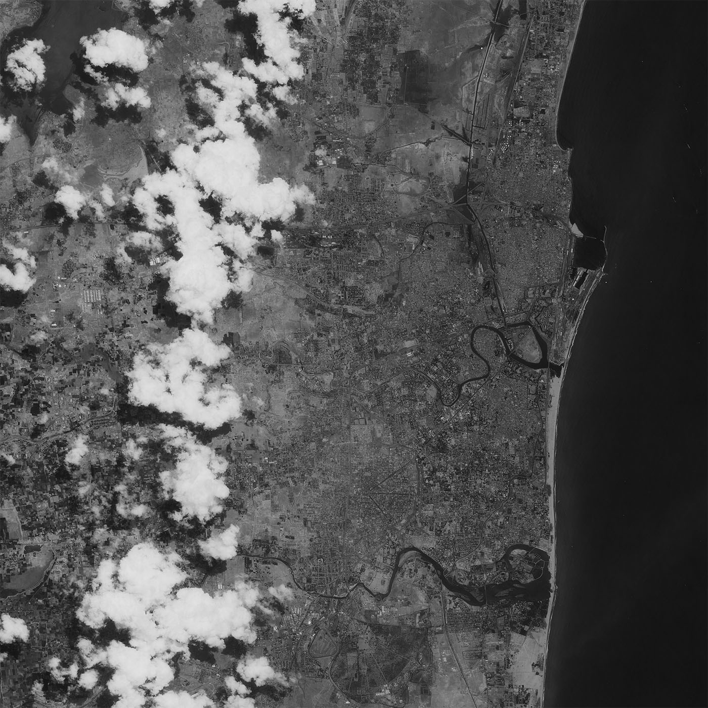 A high resolution declassified KH-7 GAMBIT spy satellite image of Chennai, India from April 29, 1965.