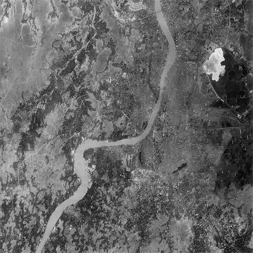 A high resolution declassified KH-7 GAMBIT spy satellite image of Kolkata, India from May 1, 1965.