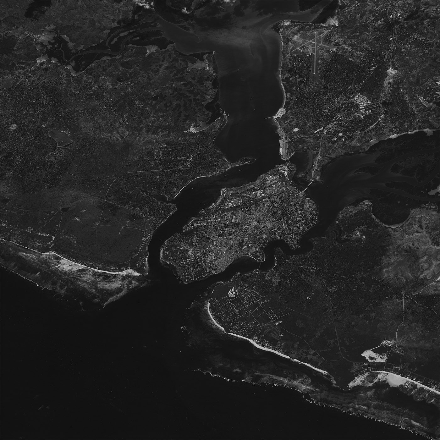 A high resolution declassified KH-7 GAMBIT spy satellite image of Mombasa, Kenya from May 1, 1965.