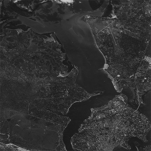 A high resolution declassified KH-7 GAMBIT spy satellite image of Mombasa, Kenya from May 1, 1965.