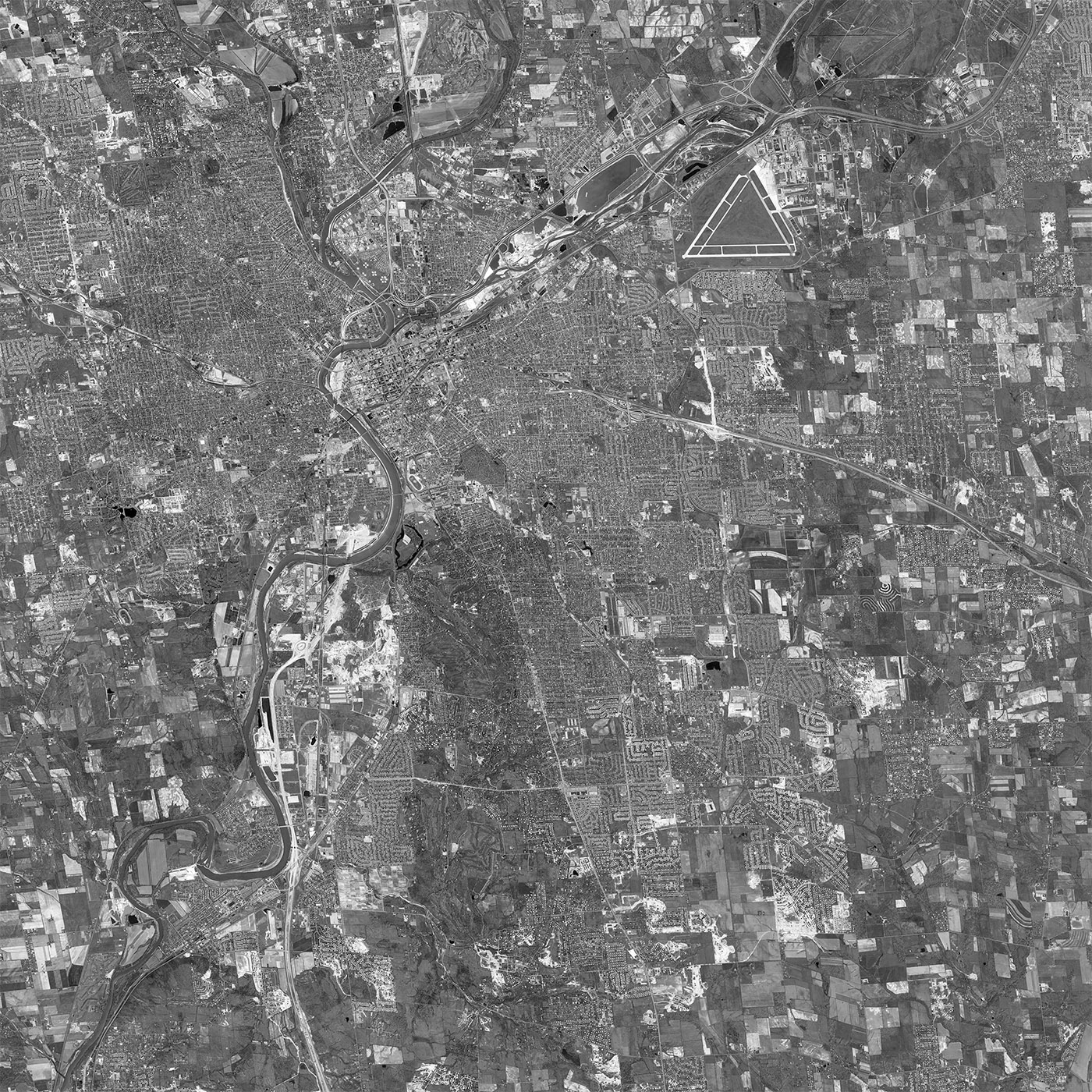 A high resolution declassified KH-7 GAMBIT spy satellite image of Dayton, USA from May 1, 1965.