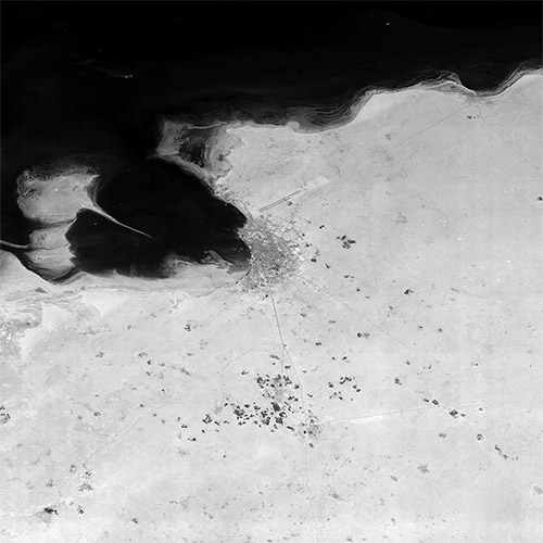 A high resolution declassified KH-7 GAMBIT spy satellite image of Doha, Qatar from May 2, 1965.