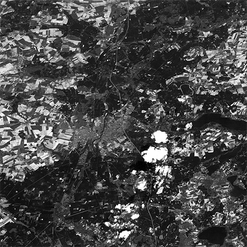 A high resolution declassified KH-7 GAMBIT spy satellite image of Furstenwalde, Germany from May 2, 1965.