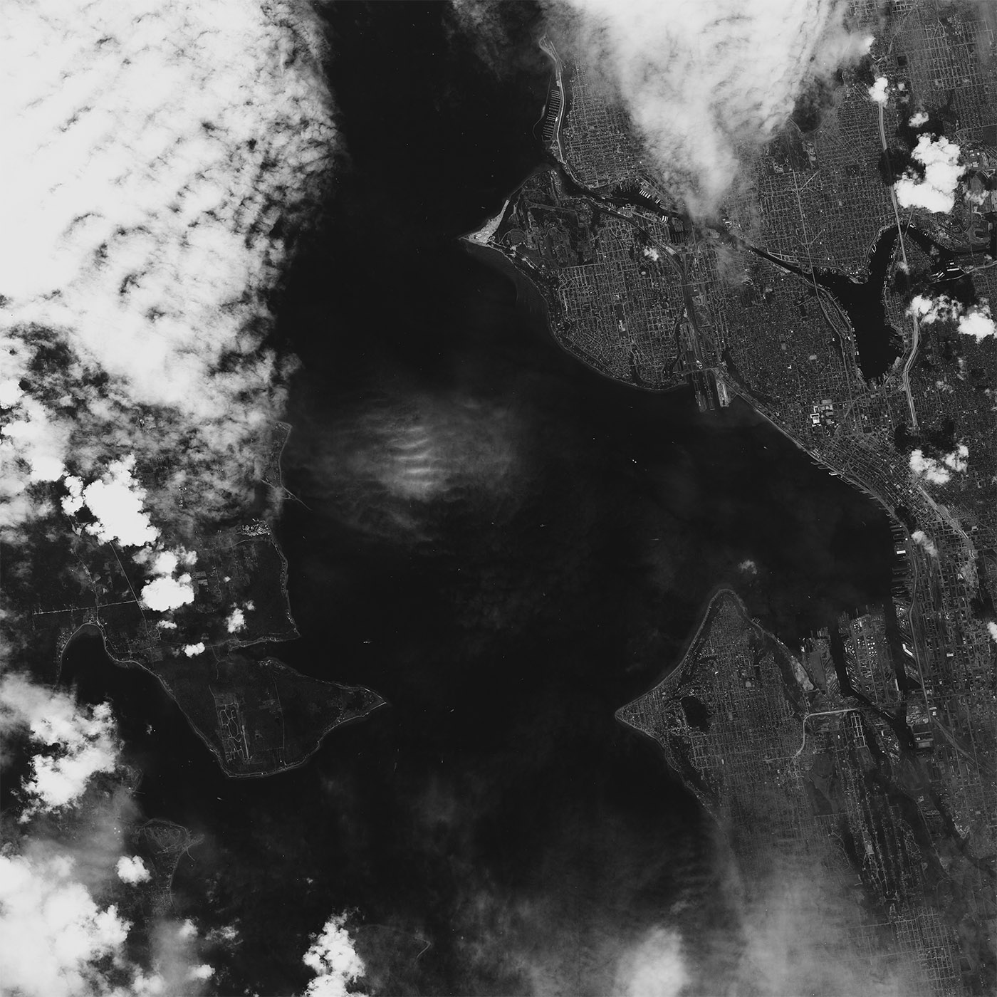 A high resolution declassified KH-7 GAMBIT spy satellite image of Seattle, USA from May 2, 1965.