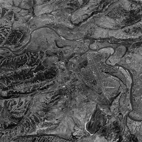 A high resolution declassified KH-7 GAMBIT spy satellite image of Mudanjiang, China from May 23, 1967.
