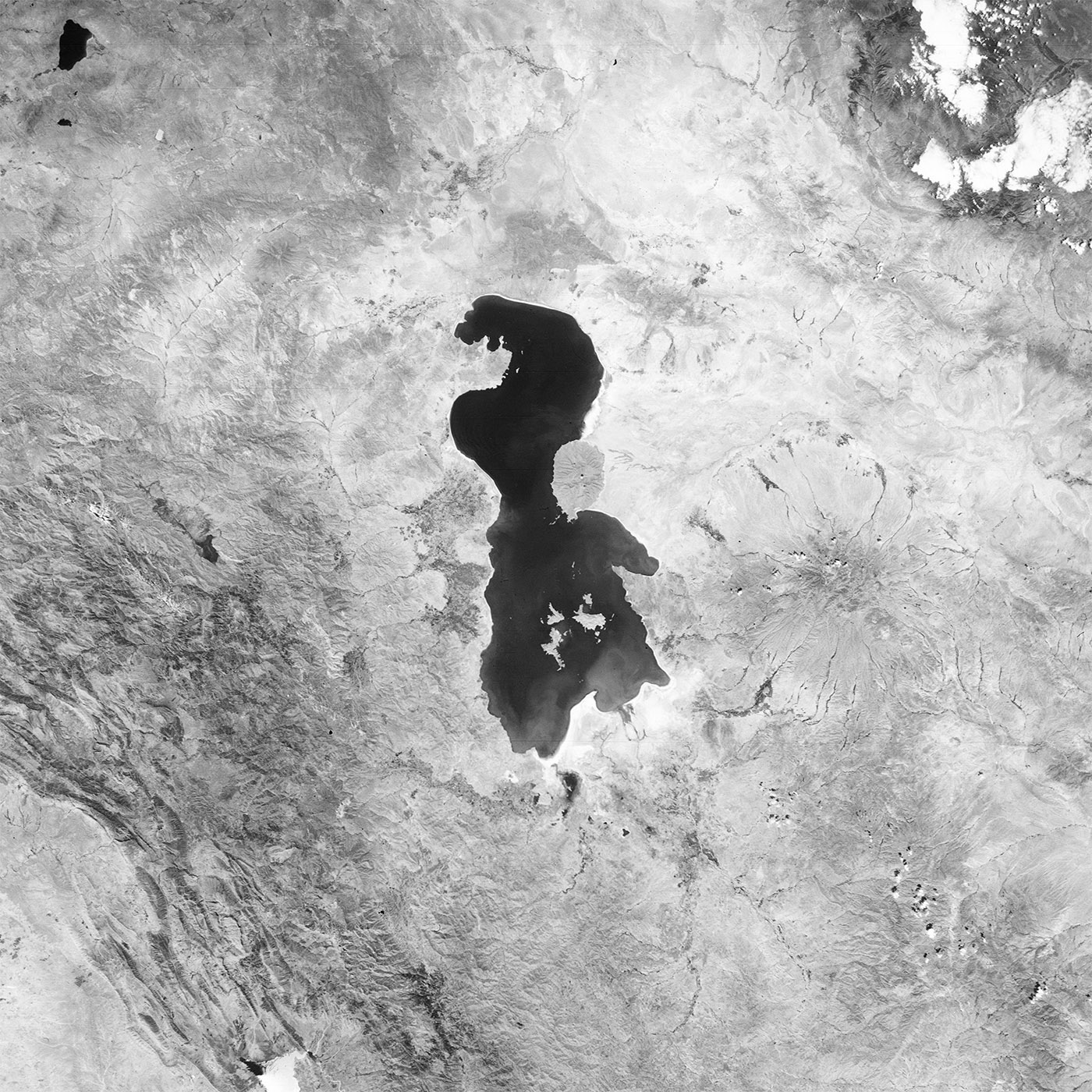 A high resolution declassified KH-5 ARGON spy satellite image of Lake Urmia, Iran from September 1, 1963.