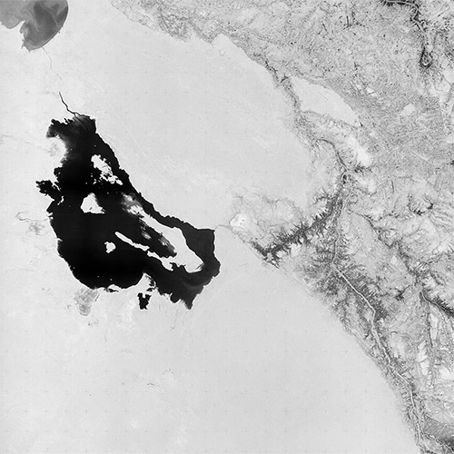 A high resolution declassified KH-9 HEXAGON spy satellite image of Karbala, Iraq, including Lake Milh / Lake Razzaza and Baghdad, from July 12, 1975.