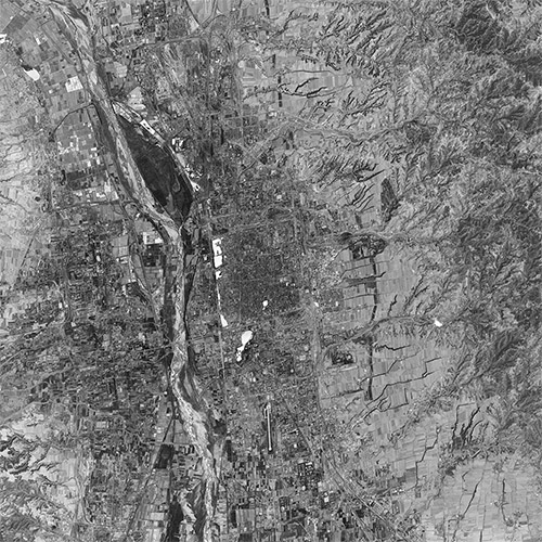 A high resolution declassified KH-7 GAMBIT spy satellite image of Taiyuan, China from May 26, 1967.