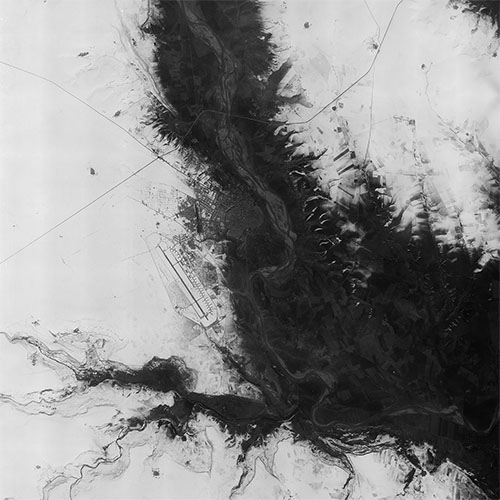 A high resolution declassified KH-7 GAMBIT spy satellite image of Diyarbakir, Turkey from February 3, 1967.