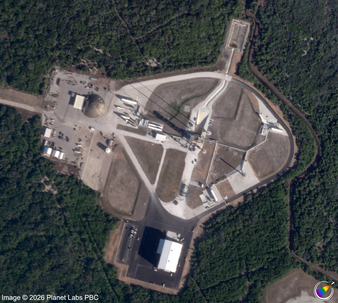 A high resolution satellite image of launch pads at Kennedy Space Center and Cape Canaveral taken on February 2, 2026