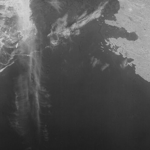 A high resolution declassified KH-9 HEXAGON spy satellite mapping camera image of Kara Strait, Russia from July 9, 1976.