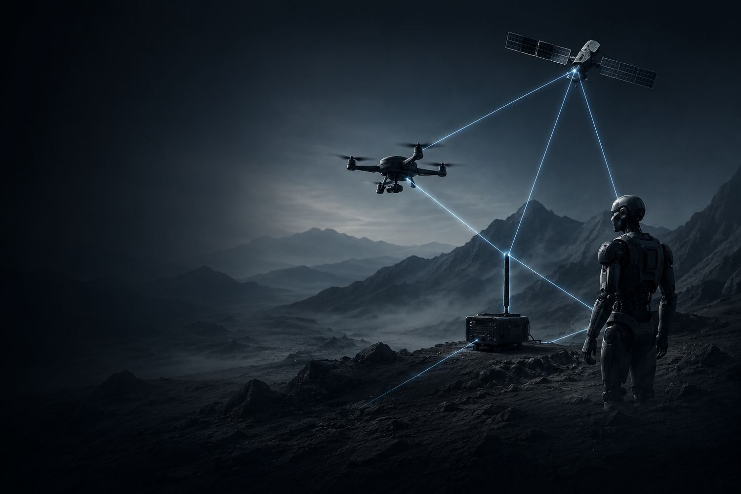 Context visualisation: autonomous drone, satellite, ground station and robot linked by RF