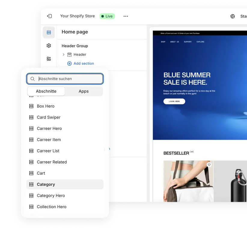 Shopify store backend interface showing homepage sections and a dropdown menu with various section options in German, alongside a live preview of a store homepage with Blue Summer Sale banner.