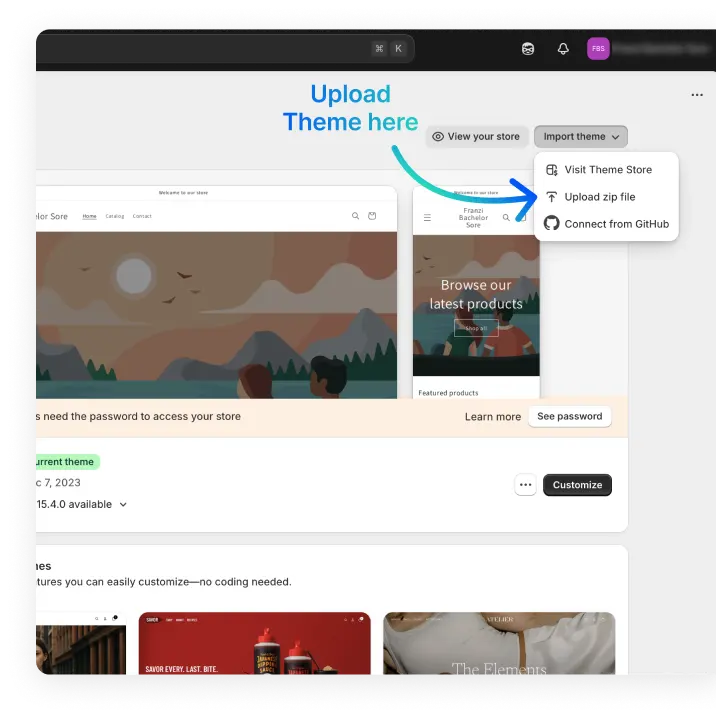 Shopify theme upload interface showing option to import theme via visit Theme Store, upload zip file, or connect from GitHub.