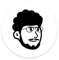 Black and white cartoon avatar of a man with curly hair, glasses, and a beard inside a circular frame.