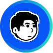 Stylized black and white illustration of a person's face with short hair, set inside concentric blue circles on a transparent background.