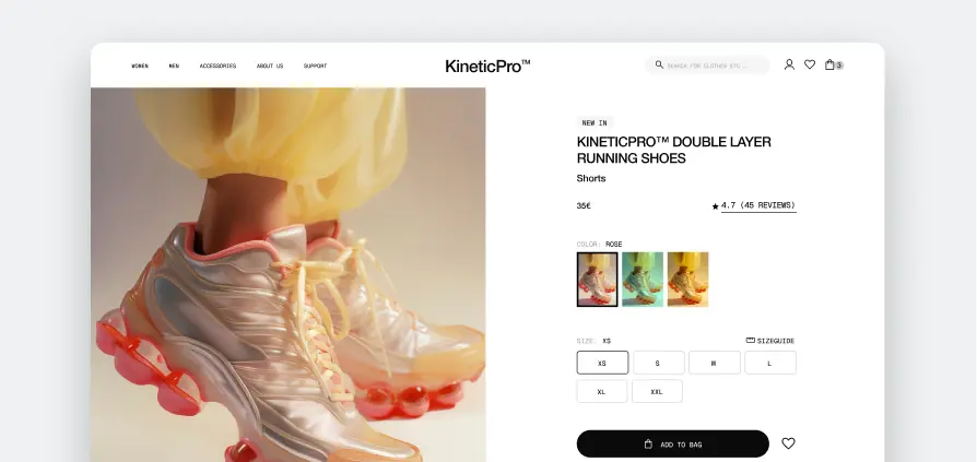 Online product page showing KineticPro double layer running shoes in rose color, with size options and add to bag button.