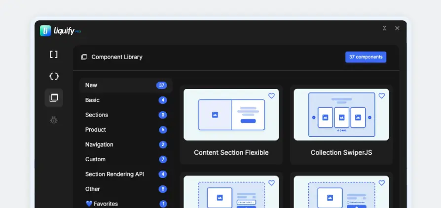 Liquify Pro software interface showing a dark-themed component library panel with categories and component thumbnails labeled Content Section Flexible and Collection SwiperJS.