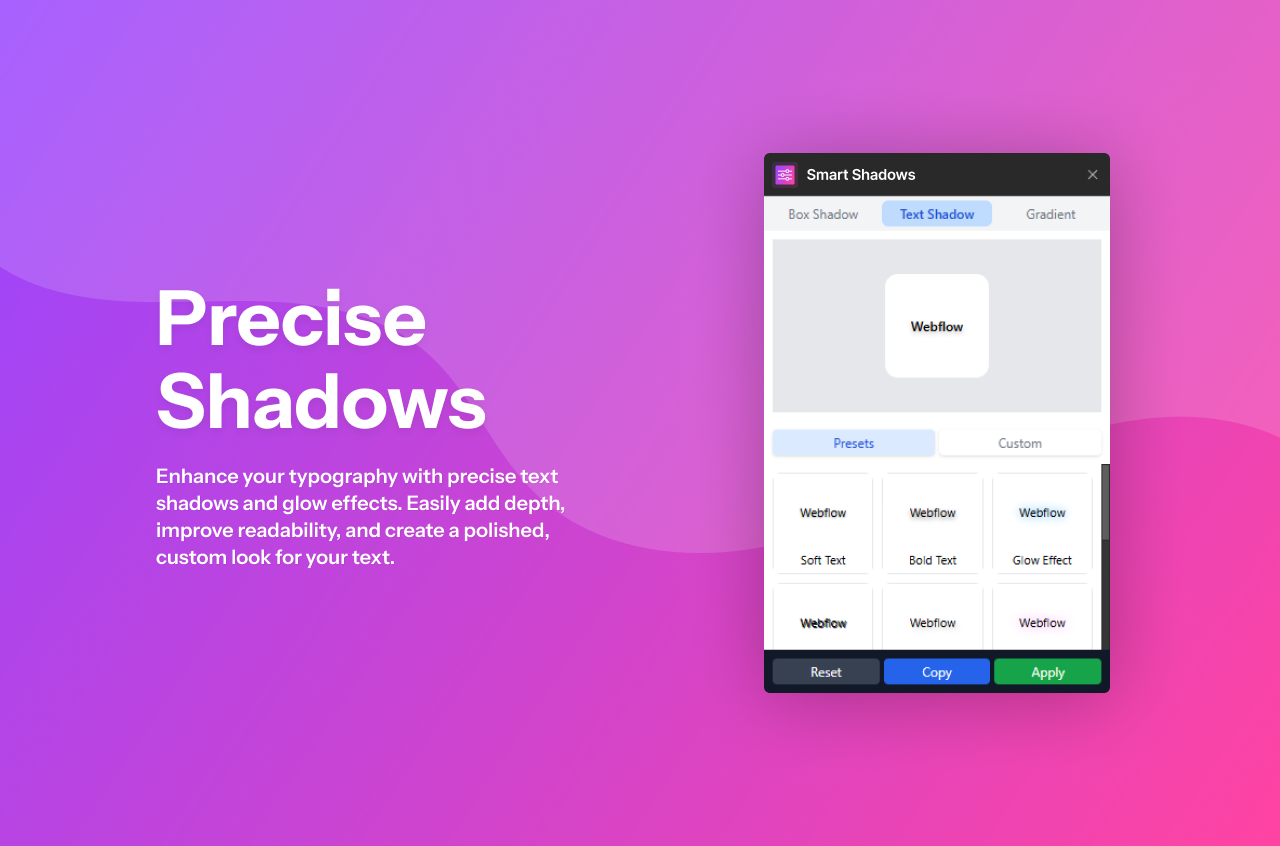 The Text Shadow tool in the Smart Shadows app displaying various presets such as "Soft Text," "Bold Text," and "Glow Effect" applied to text.