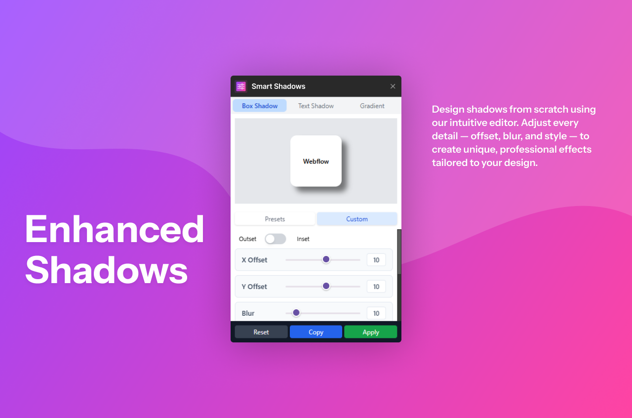 A user customizing a box shadow in the Smart Shadows app, with sliders visible for adjusting the X Offset, Y Offset, and Blur settings.