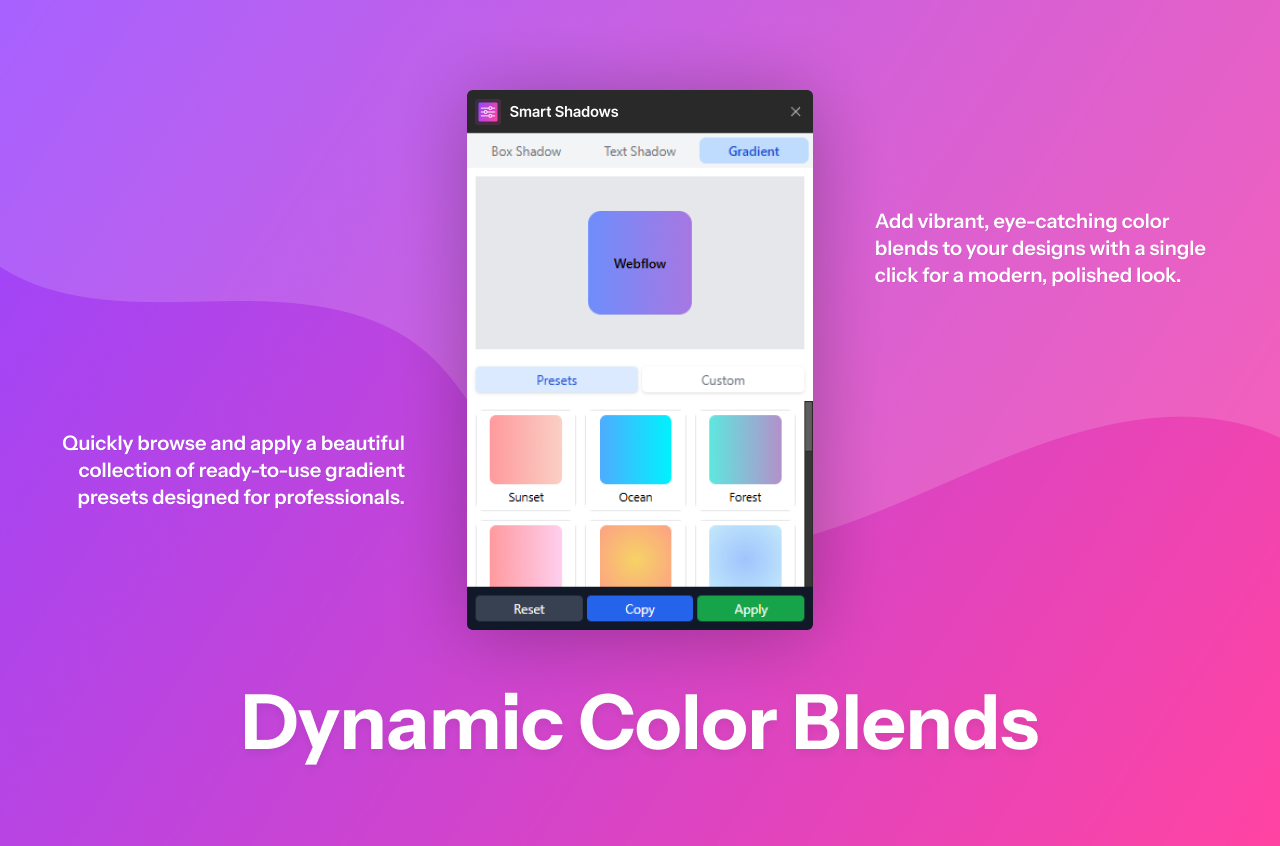 The Gradient tool within the Smart Shadows app, showcasing a gallery of vibrant presets including "Sunset," "Ocean," and "Forest."