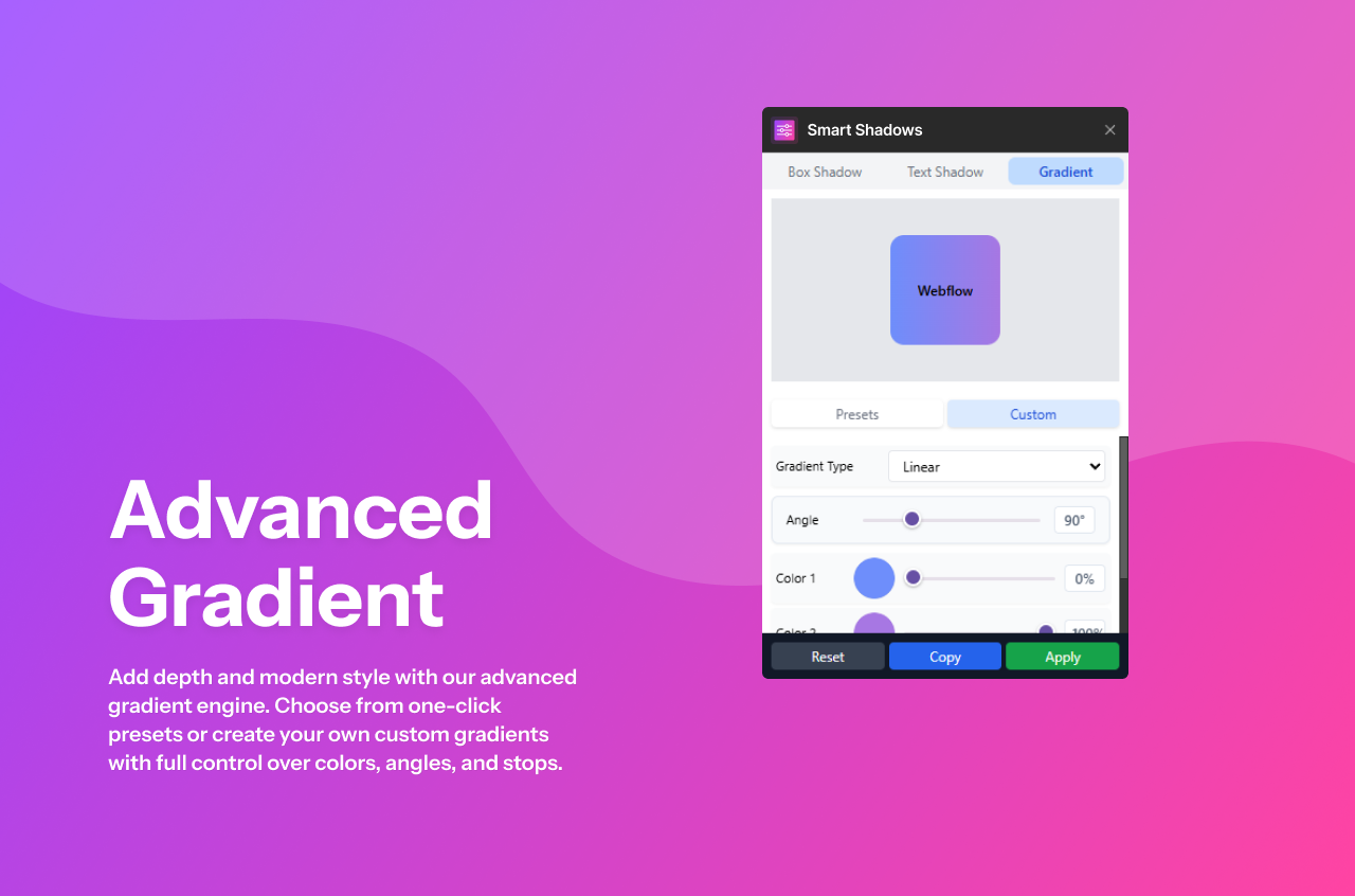 The custom gradient editor in the Smart Shadows app, showing detailed controls for adjusting the gradient angle and managing multiple color stops.
