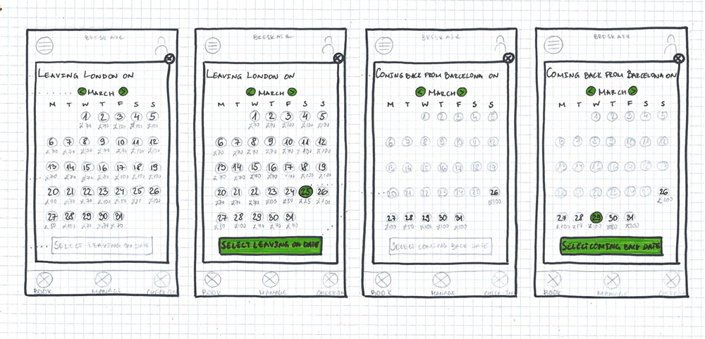 Hand sketches for option 1 of the date selection flow