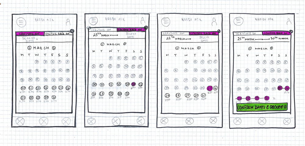 Hand sketches for option 2 of the date selection flow