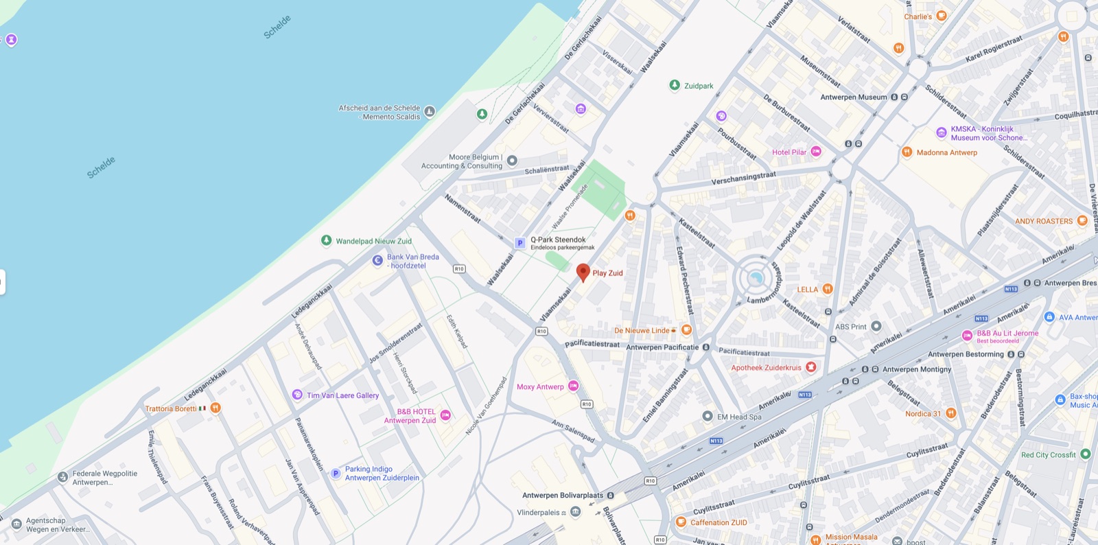Kaart met de locatie van Play Zuid aan de Vlaamsekaai in Antwerpen