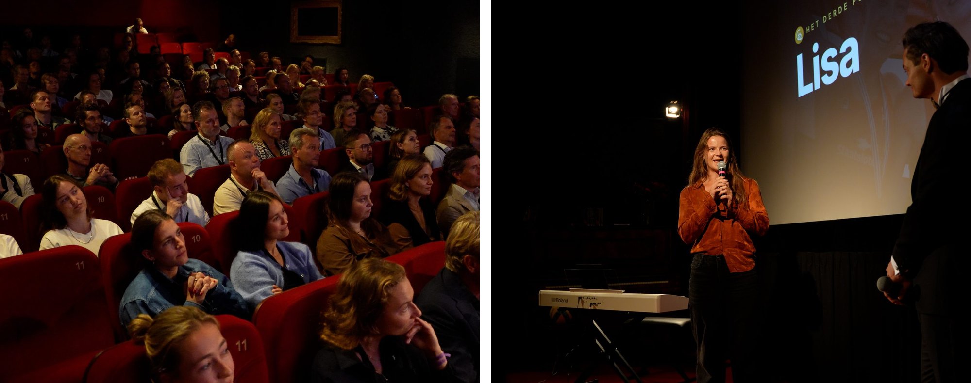 Een volle zaal 1 tijdens de première en roeister Lisa Bruijnincx die haar verhaal vertelt op het podium