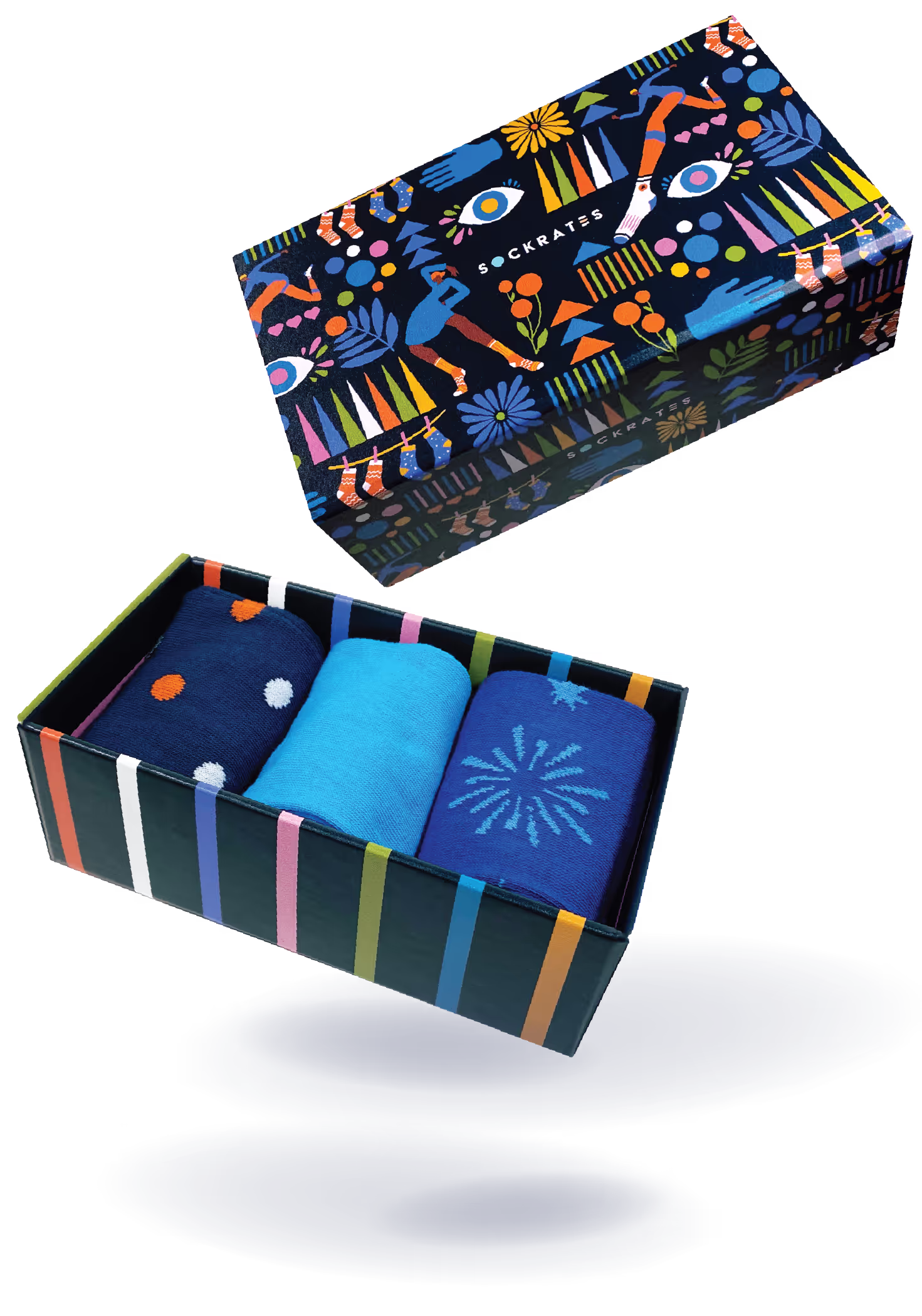 Colorful Sockrates sock gift box with three patterned socks floating