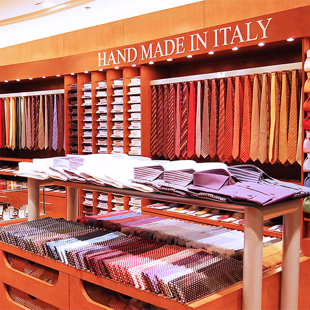 Hand-made Italian ties and shirts displayed in a colorful retail store
