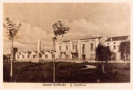 Vintage sepia photo of Castel Goffredo buildings with trees and lawns