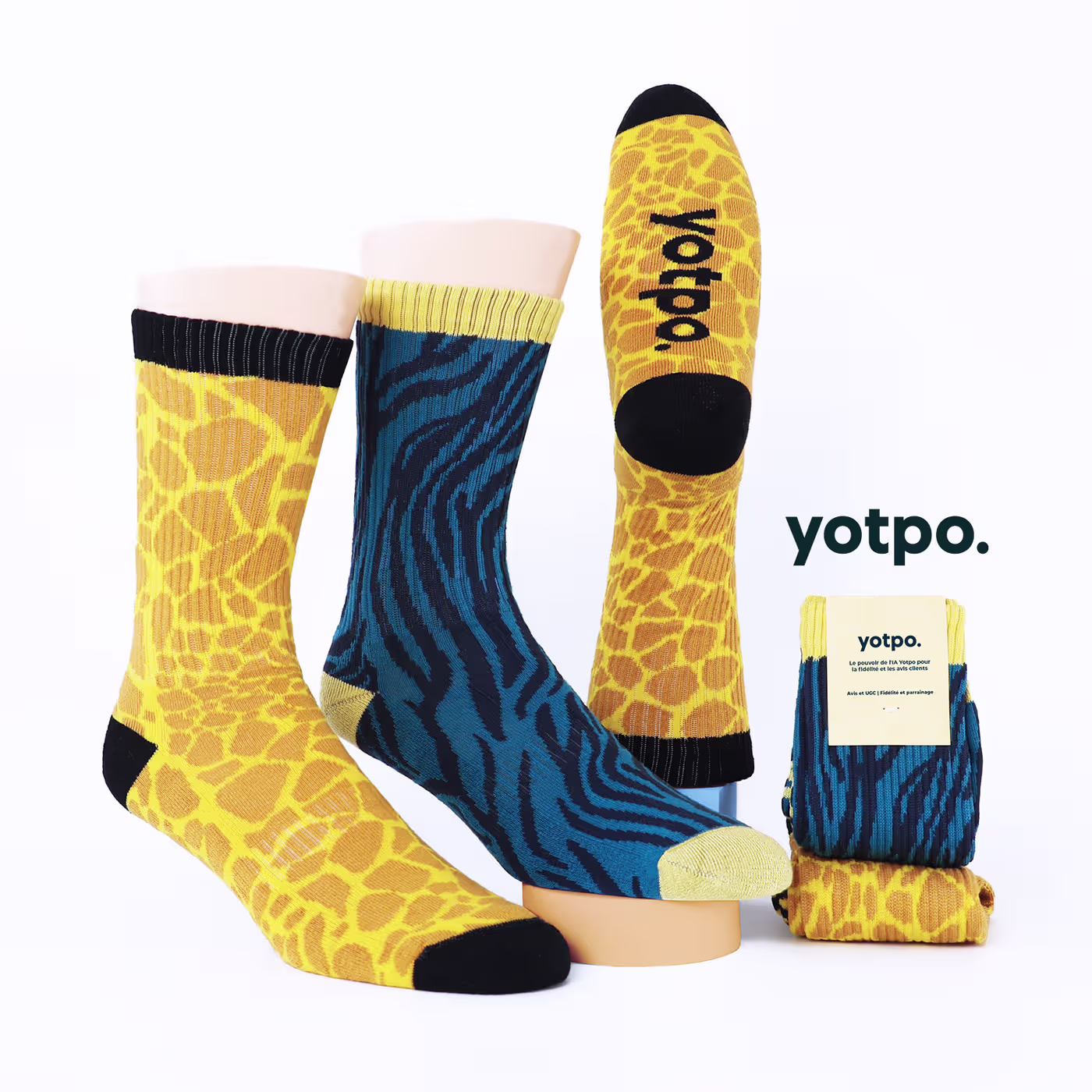 two pairs of custom dress socks, one blue and one black