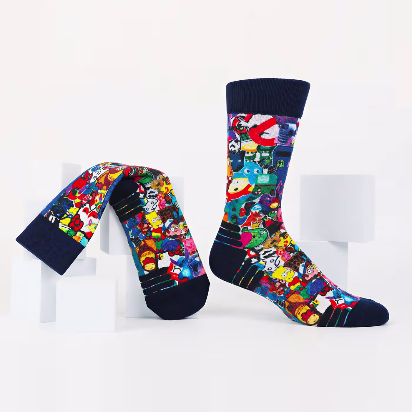 a man wearing custom dress socks in the park