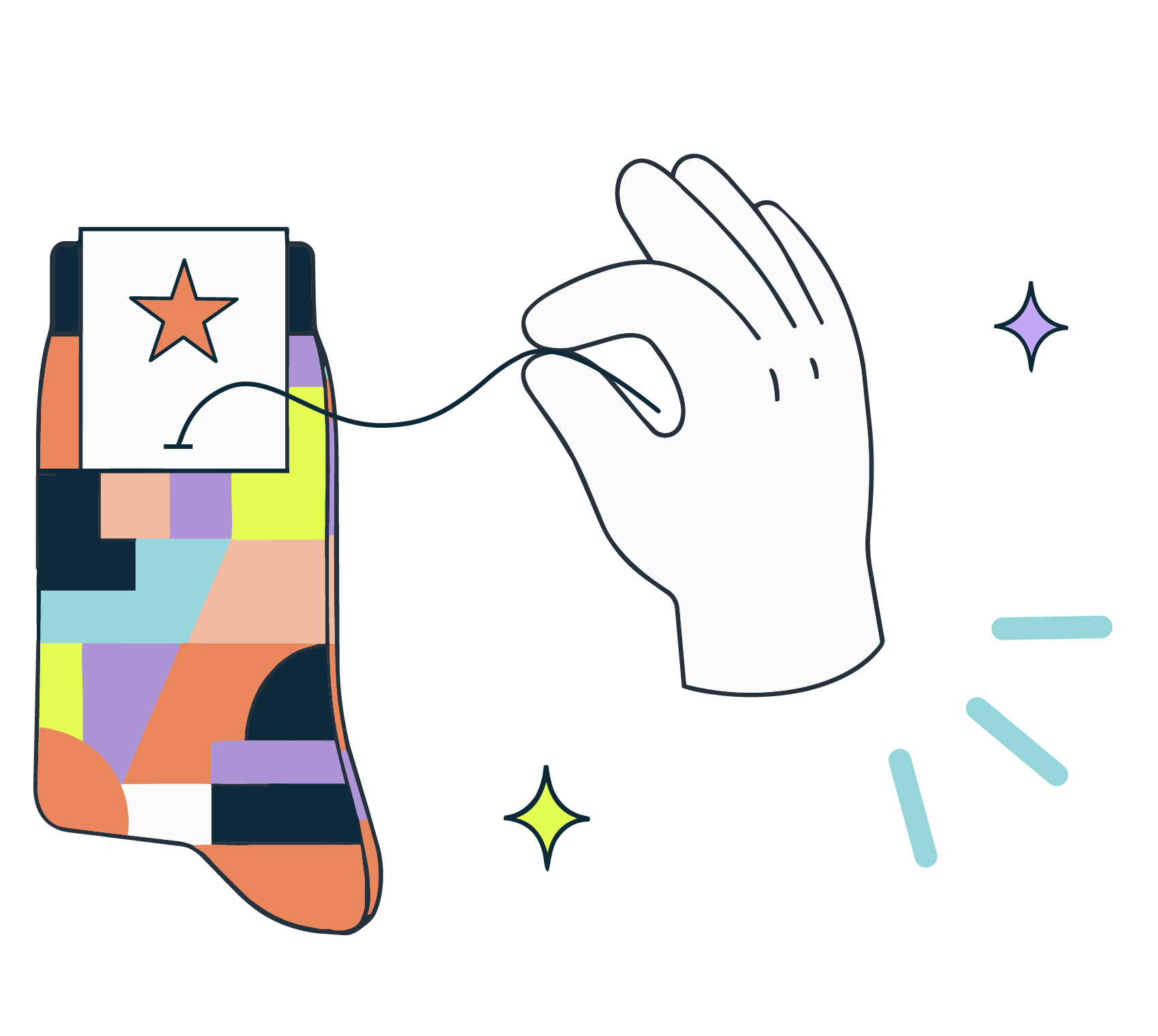 Illustration of a hand carefully pulling the thread off a custom sock tag