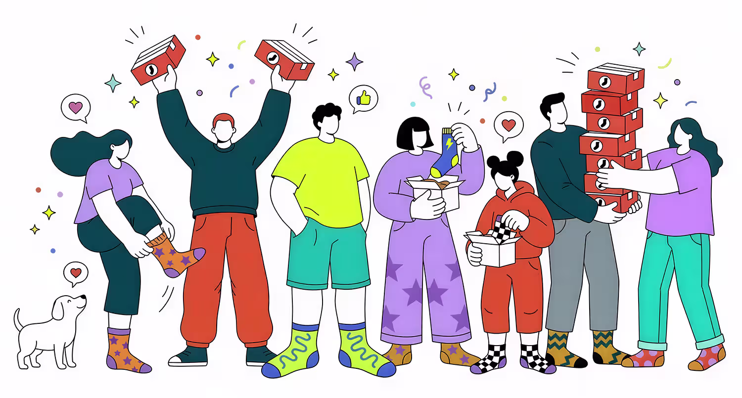 Gif animation of people of different gender and ethnicity showing off their custom socks and sock boxes
